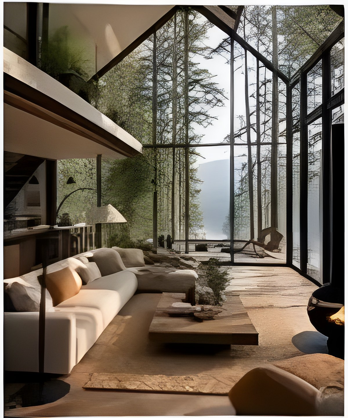 Wohnzimmer mit Glasfront und Waldblick (Bild aus dem Vorlagen-Video, nur zum Vergleich)