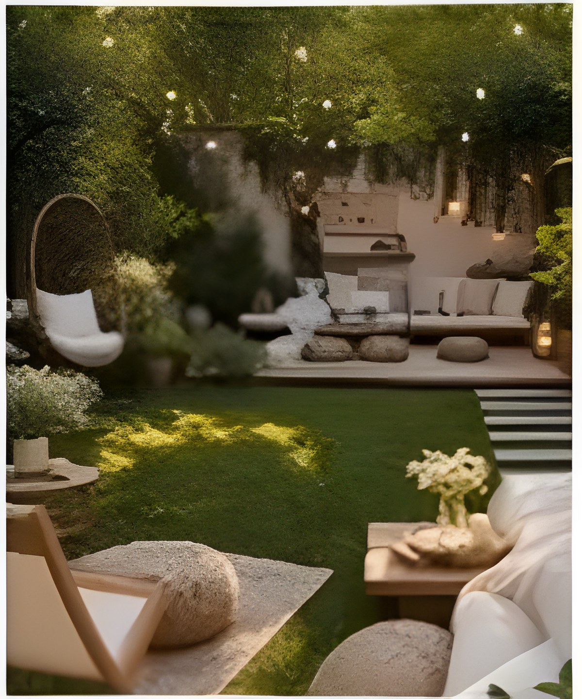 Garten mit Lichterketten und Lounge (Bild aus dem Vorlagen-Video, nur zum Vergleich)