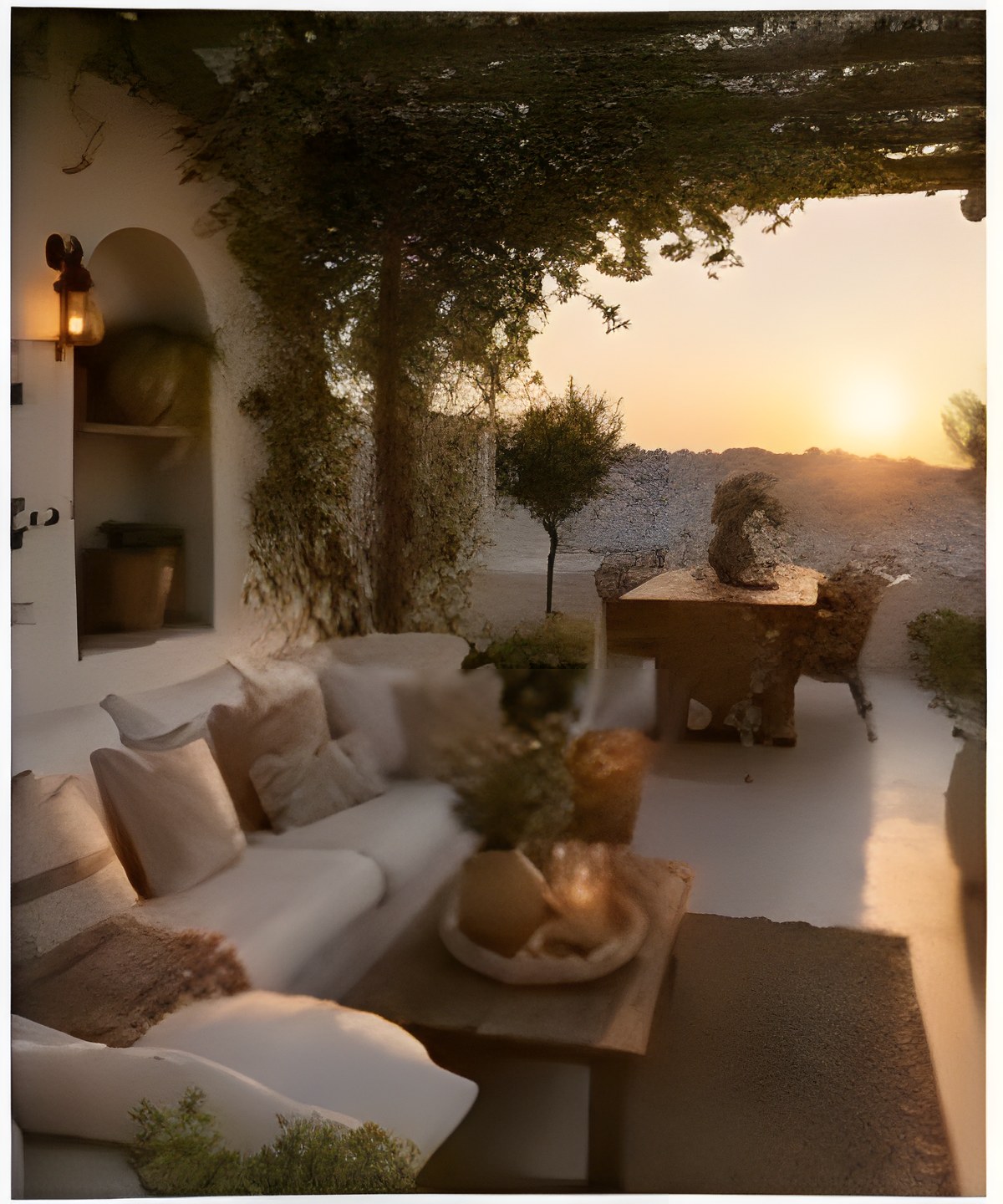 Terrasse mit Pergola im Abendlicht (Bild aus dem Vorlagen-Video, nur zum Vergleich)